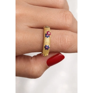 Altın Renk Çiçek Detaylı Taşlı Ayarlanabilir Yüzük