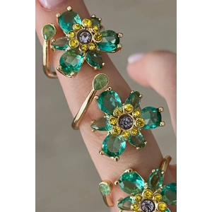 Altın Renk Çiçek Figürlü Ayarlanabilir Taşlı Yüzük