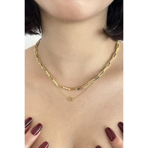 Altın Renk Çiçek Figürlü İkili Kolye