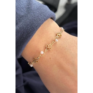 Altın Renk Çiçek Figürlü İnci Detaylı Bileklik