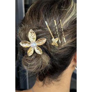 Altın Renk Çiçek Figürlü Lastik Toka Ve Tel Toka Set