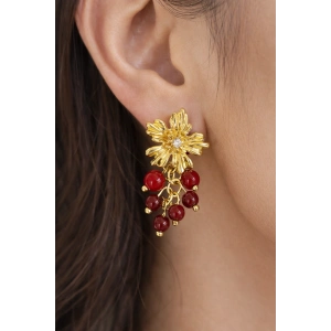 Altın Renk Çiçek Figürlü Sallantılı Küpe (Çift)