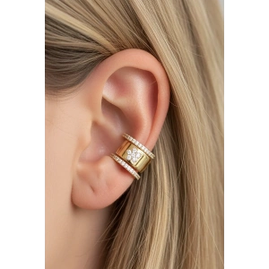 Altın Renk Çiçek Figürlü Taş Detaylı 14K Altın Kaplama TX Ear Cuff (Tek)