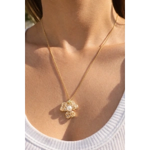 Altın Renk Çiçek Figürlü Taş Detaylı Çelik Kolye