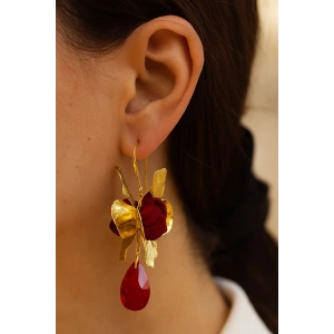 Altın Renk Çiçek Figürlü Taş Detaylı Halka Küpe (Çift)