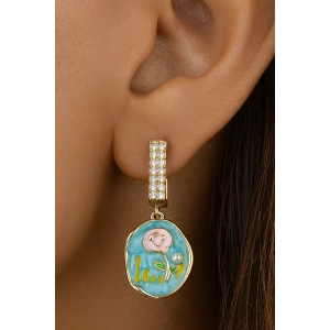 Altın Renk Çiçek Figürlü Taş Detaylı YSX Küpe