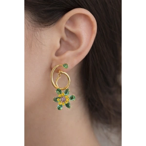 Altın Renk Çiçek Figürlü Taşlı Küpe (Çift)