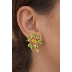 Altın Renk Çiçek Figürlü Taşlı Küpe (Çift)