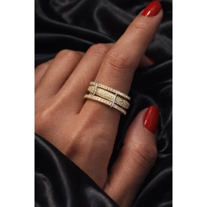 Altın Renk Çoklu Halka Detaylı Taşlı Yüzük