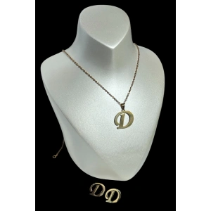 Altın Renk D Harfli Çelik Kolye Ve Küpe Set