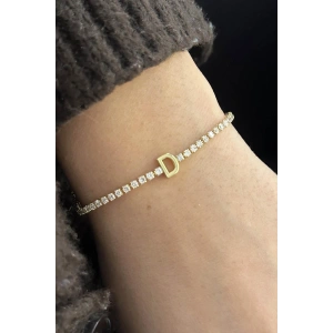Altın Renk D Harfli Taş Detaylı Çelik Bileklik