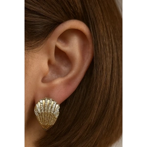 Altın Renk Deniz Kabuğu Figürlü Taş Detaylı 14K Altın Kaplama TX Küpe (Çift)