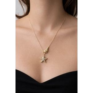 Altın Renk Deniz Kabuğu Ve Deniz Yıldızı 14K Altın Kaplama Vip Taşlı Kolye