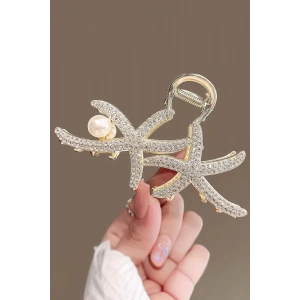 Altın Renk Deniz Yıldızı Figürlü İnci Detaylı Taşlı Metal Mandal Toka