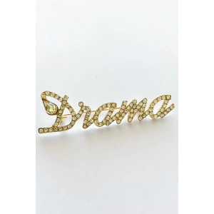 Altın Renk Drama Yazılı Taşlı Broş