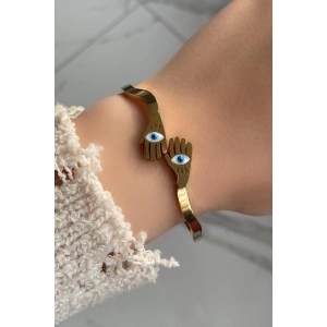 Altın Renk El Figürlü Göz Detaylı Çelik Kelepçe Bileklik