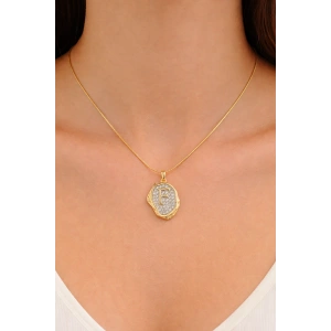 Altın Renk  F Harf Taş Detaylı Çelik Kolye