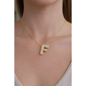 Altın Renk F Harf Taş Detaylı Çelik Kolye