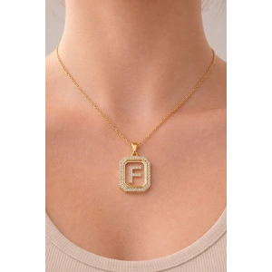 Altın Renk F Harf Taş Detaylı Çelik Kolye