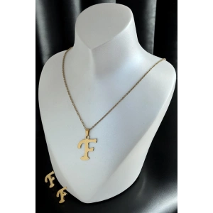 Altın Renk F Harfli Çelik Kolye Ve Küpe Set