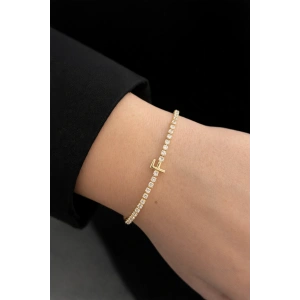 Altın Renk F Harfli Taş Detaylı Çelik Bileklik