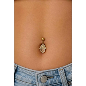 Altın Renk Fatma Ana Eli Figürlü Taşlı Cerrahi Çelik Göbek Piercing
