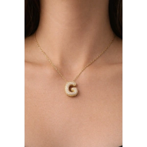Altın Renk G Harf Taş Detaylı Çelik Kolye
