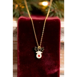 Altın Renk Geyik Figürlü Çelik Yılbaşı Kolyesi