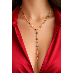 Altın Renk Göz Detaylı Taşlı Çelik Y Kolye