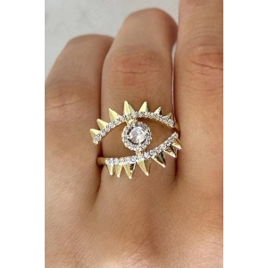 Altın Renk Göz Figürlü Taş Detaylı Ayarlanabilir Yüzük