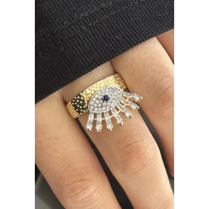 Altın Renk Göz Figürlü Taş Detaylı Ayarlanabilir Yüzük