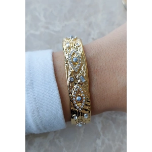 Altın Renk Göz Figürlü Taş Detaylı Çelik Kelepçe Bileklik