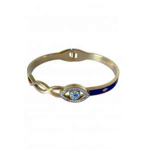 Altın Renk Göz Figürlü Taş Detaylı Çelik Kelepçe Bileklik