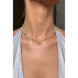 Altın Renk Göz Figürlü Taş Detaylı Choker Kolye