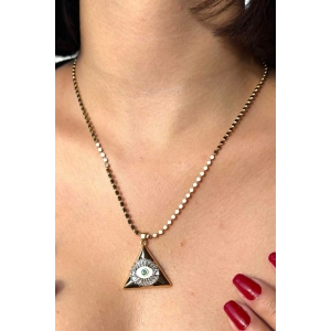 Altın Renk Göz Figürlü Taş Detaylı Ezme Zincirli 14K Altın Kaplama TX Kolye