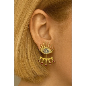 Altın Renk Göz Figürlü Taş Detaylı Küpe (Çift)