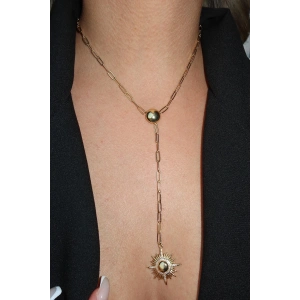 Altın Renk Güneş Figürlü Taş Detaylı Y Kolye