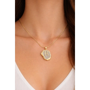 Altın Renk H Harf Taş Detaylı Çelik Kolye