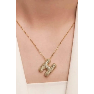 Altın Renk H Harf Taş Detaylı Çelik Kolye