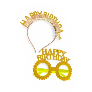 Altın Renk Happy Birthday Yazılı Taç Ve Gözlük