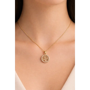 Altın Renk Hayat Ağacı Figürlü Taş Detaylı Çelik Kolye