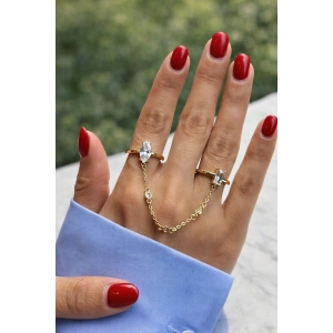 Altın Renk İkili Taşlı Zincir Detaylı Ayarlanabilir Yüzük