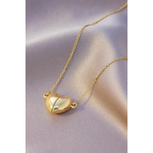 Altın Renk İkiye Ayrılan Mıknatıslı Kalp Figürlü Çelik Kolye