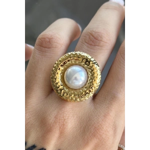 Altın Renk İnci Detaylı Ayarlanabilir Çelik Yüzük