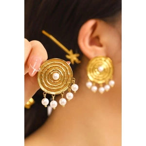 Altın Renk İnci Detaylı Çelik Küpe (Çift)