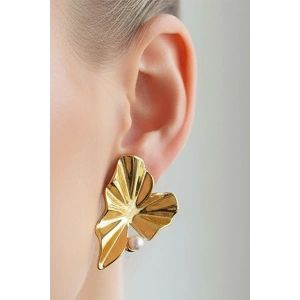 Altın Renk İnci Detaylı Çelik Küpe (Çift)