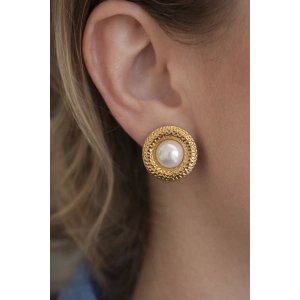 Altın Renk İnci Detaylı Çelik Küpe (Çift)