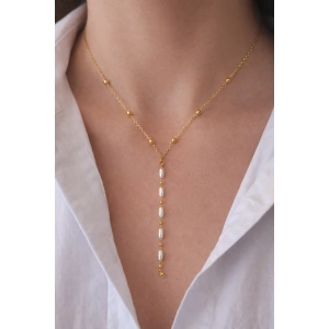 Altın Renk İnci Detaylı Çelik Y Kolye