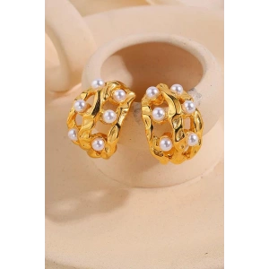 Altın Renk İnci Detaylı Halka Küpe (Çift)
