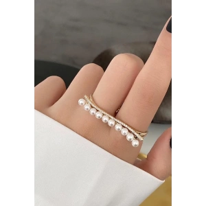 Altın Renk İnci Detaylı İkili Tasarım Yüzük